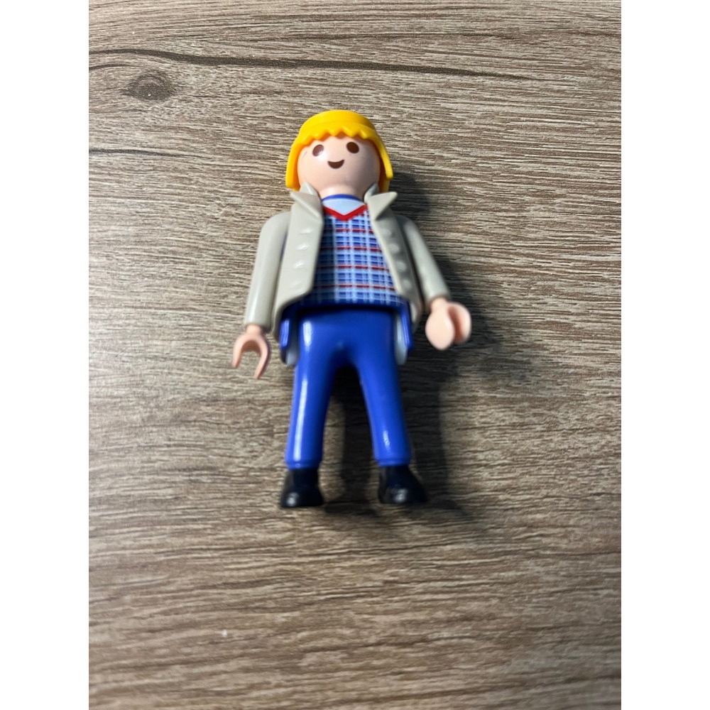 Playmobil Figure Man Blond Hair Blue Pants Gray Jacket Casual Outfit Toy